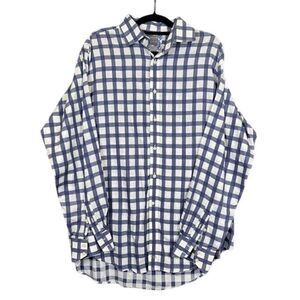 Thomas Dean Button Front Shirt Navy Blue White Large Plaid Check Size XL